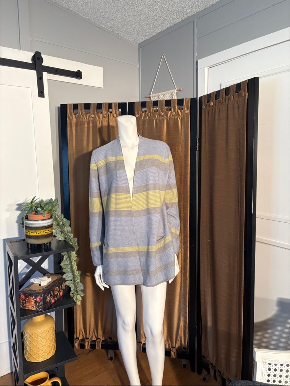 Light Blue and Yellow Striped Women’s Open Cardigan Sweater